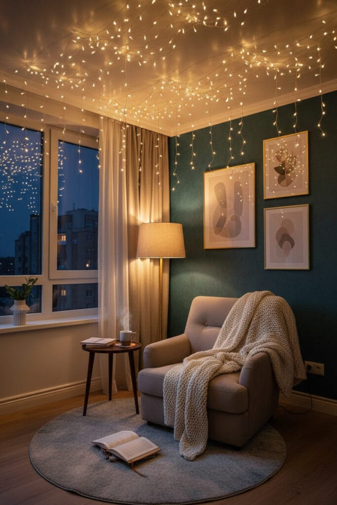 Déco pour plafond avec guirlandes lumineuses créant un effet ciel étoilé