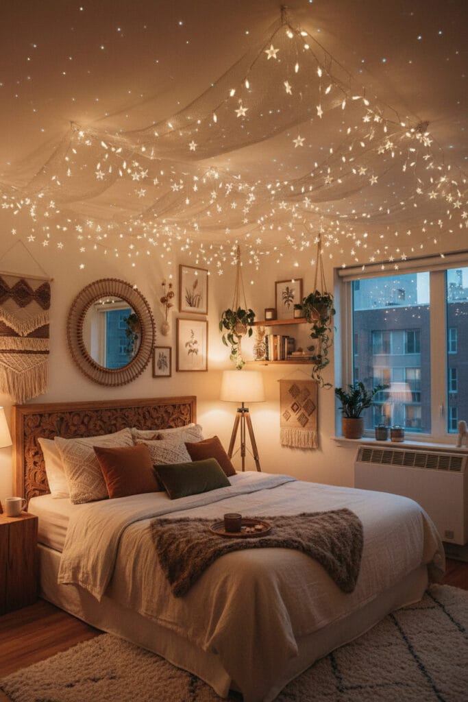 Déco pour plafond lumineuse avec guirlandes créant une ambiance cosy