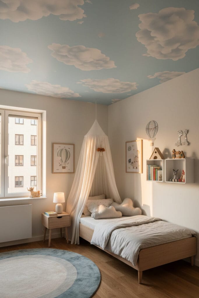 Déco pour plafond avec papier peint nuages créant une ambiance douce et apaisante