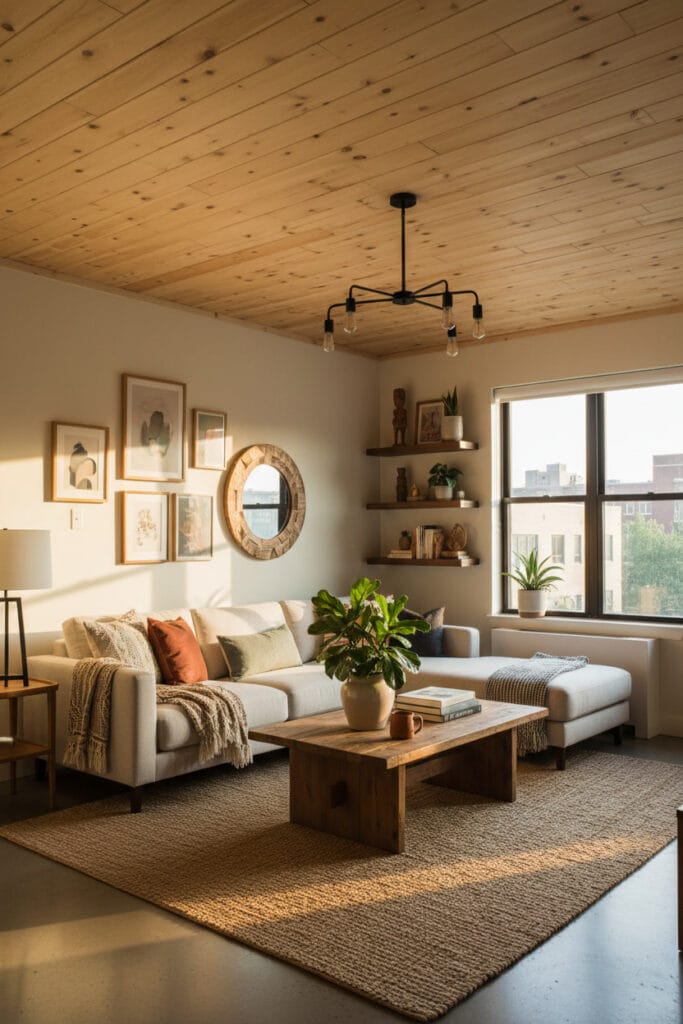 Déco pour plafond en bois brut apportant chaleur et authenticité à la pièce