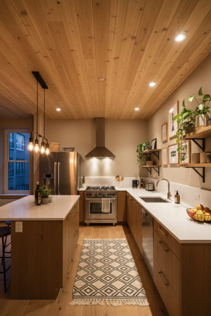 Déco pour plafond en lattes de bois créant une ambiance cosy et élégante