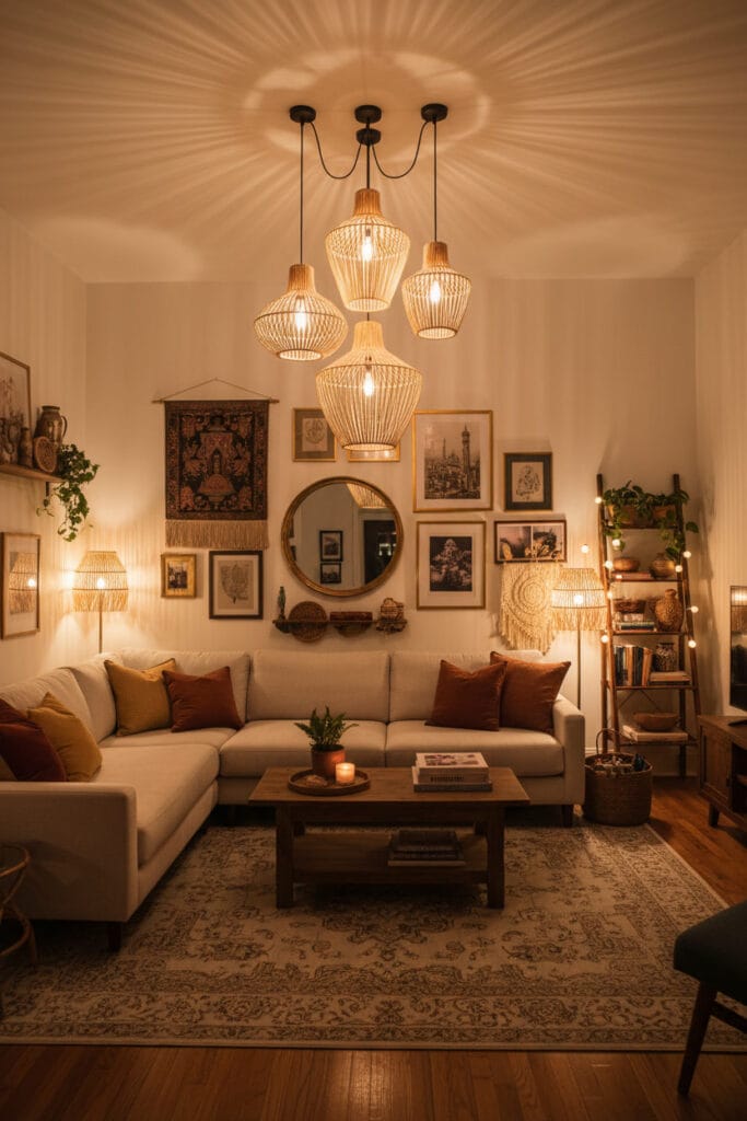 Déco pour plafond avec luminaire suspendu devenant point central de la pièce