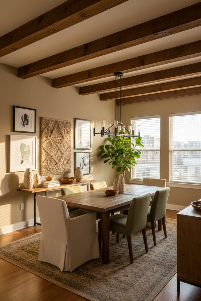 Déco pour plafond avec poutres apparentes en bois apportant chaleur et caractère