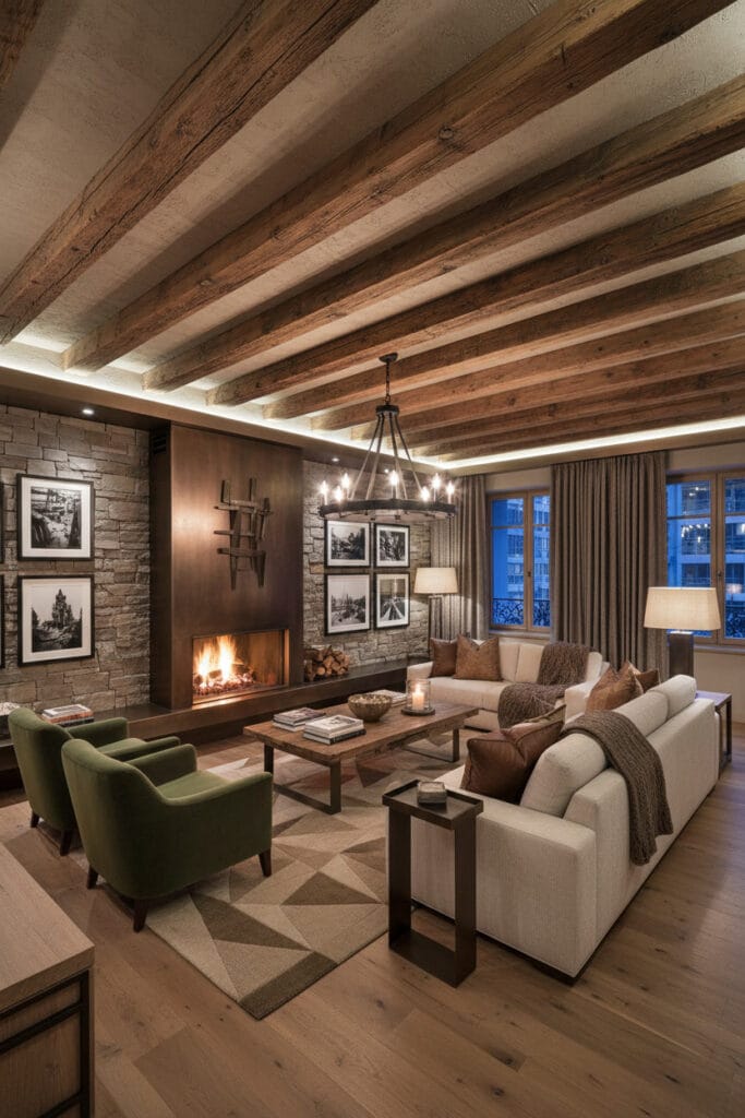 Déco pour plafond avec poutres en bois créant un style cosy et élégant