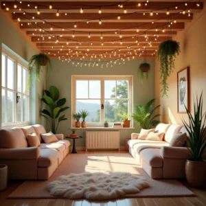 Déco pour plafond : un salon cosy avec poutres en bois, éclairage tamisé, plantes suspendues et guirlandes lumineuses, créant une ambiance chaleureuse et apaisante.