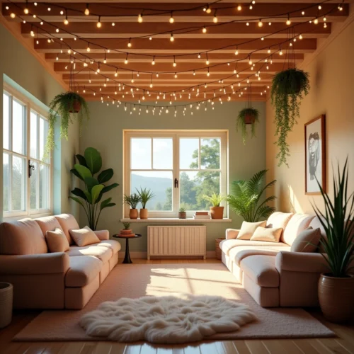 Déco pour plafond : un salon cosy avec poutres en bois, éclairage tamisé, plantes suspendues et guirlandes lumineuses, créant une ambiance chaleureuse et apaisante.