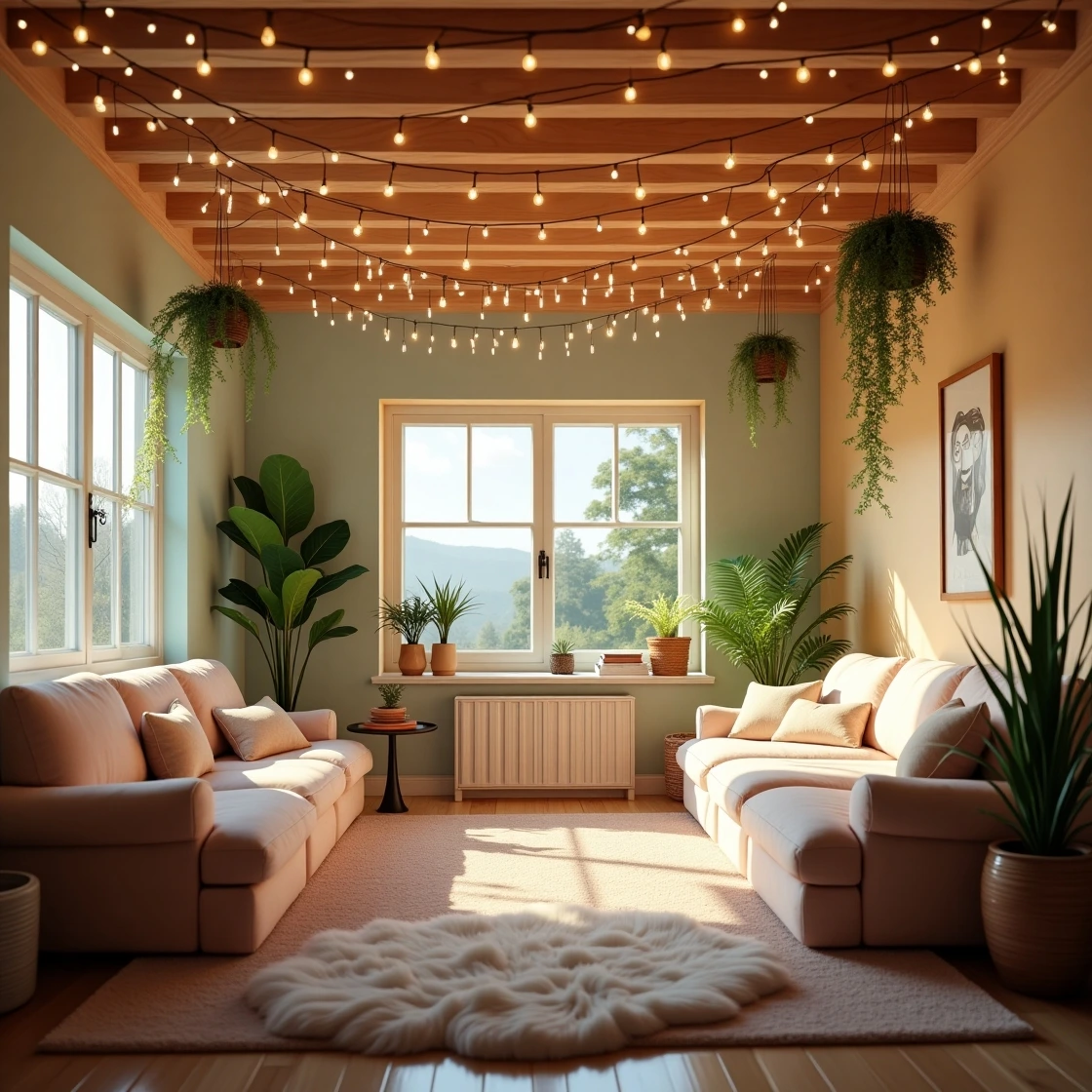 Déco pour plafond : un salon cosy avec poutres en bois, éclairage tamisé, plantes suspendues et guirlandes lumineuses, créant une ambiance chaleureuse et apaisante.