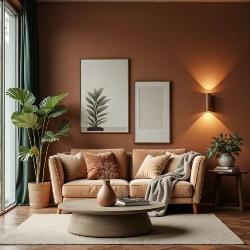 Peinture salon : Un salon cosy et élégant avec des murs peints dans des teintes harmonieuses comme le terracotta et le beige, accompagné d’un éclairage chaleureux et d’une décoration raffinée.