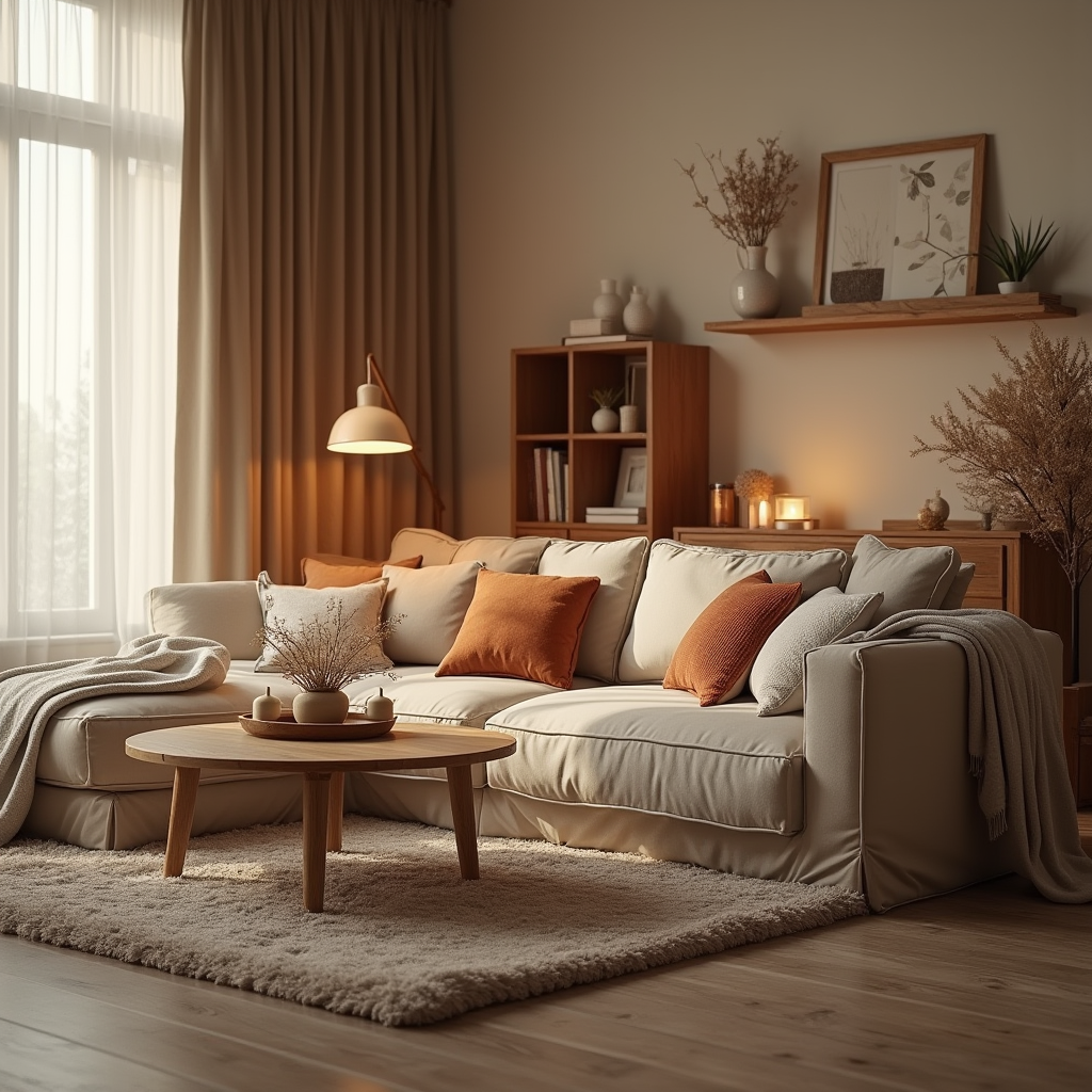 Salon cosy avec éclairage tamisé, coussins moelleux et touches de bois naturel pour une ambiance chaleureuse et cocooning.
