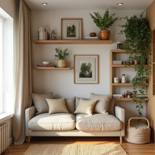Étagère en bois élégante décorée avec des objets cosy et fonctionnels.
