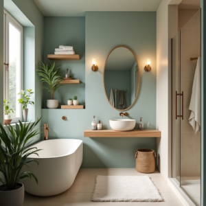 Peinture salle de bain dans des tons pastel avec une finition satinée, associée à un carrelage moderne et des matériaux naturels pour un rendu cosy et durable.