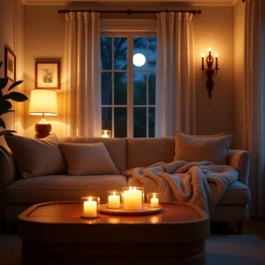 Une lumière tamisée réchauffe un salon cosy avec des lampes d’appoint, des bougies et des guirlandes lumineuses, créant une ambiance douce et apaisante pour un intérieur chaleureux et accueillant.
