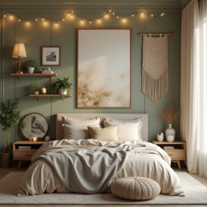 Décoration murale chambre avec une galerie de cadres, un grand miroir rond et des étagères murales décorées de plantes et d’objets cosy, créant une ambiance chaleureuse et élégante.