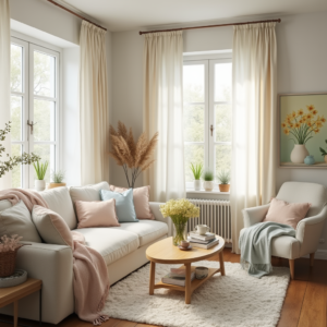 Décoration printemps : un salon cosy et apaisant avec des tons pastel, des coussins légers, des plantes vertes et une lumière naturelle, illustrant une ambiance printanière harmonieuse.
