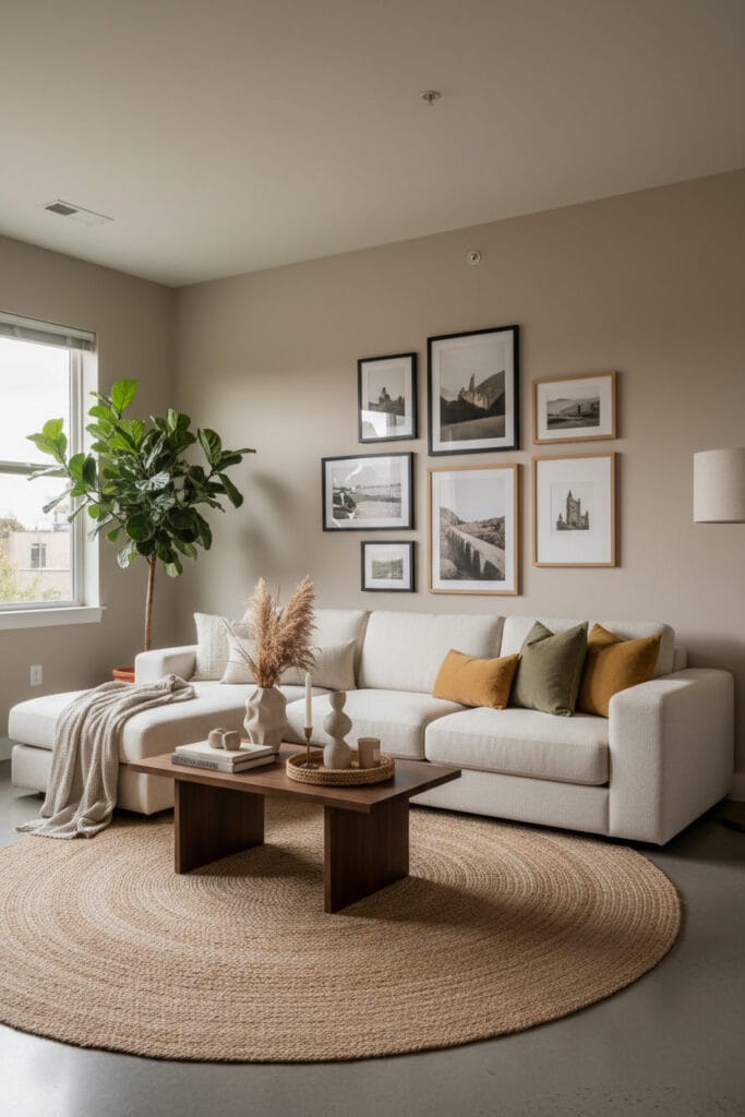 Salon cosy avec murs peints dans des tons doux et naturels créant une ambiance chaleureuse et apaisante.