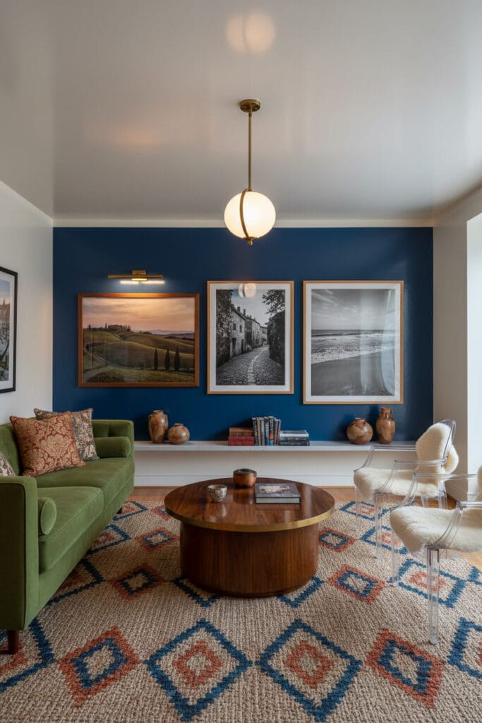 Peinture Salon blanche brillante sur pan de mur accent, relief et dynamisme