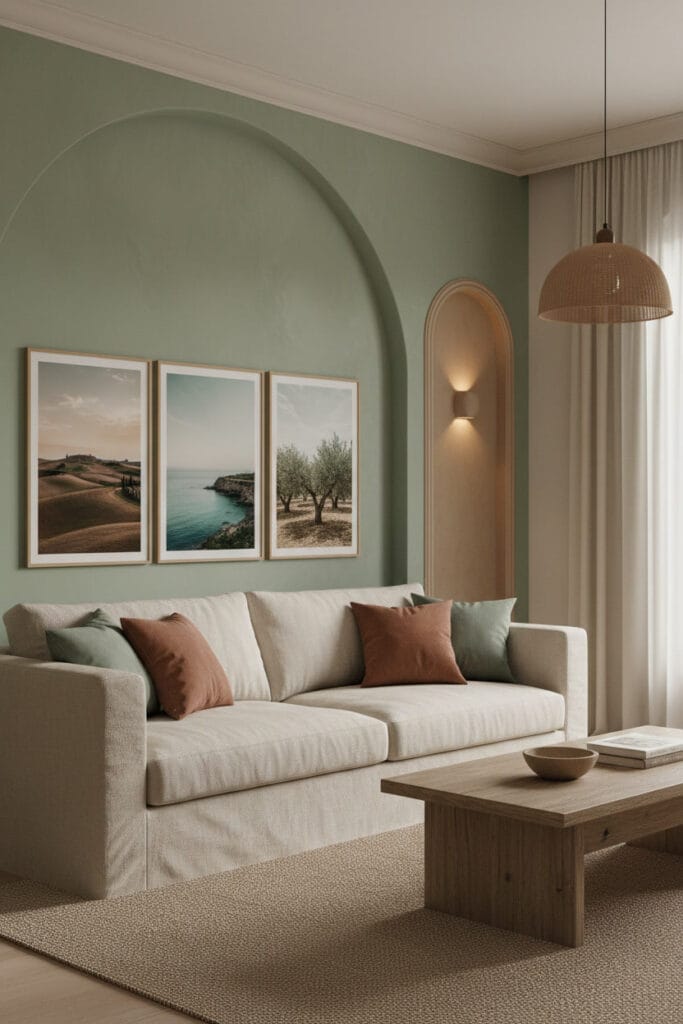 Peinture Salon camaïeux verts et teintes naturelles pour un effet apaisant