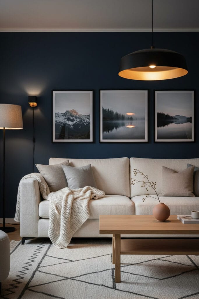 Mur bleu profond avec mobilier clair illustrant le contraste visuel