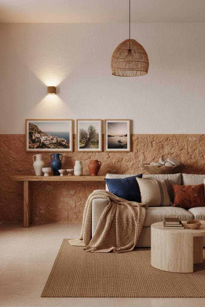 Mur bicolore blanc et terracotta avec contraste graphique