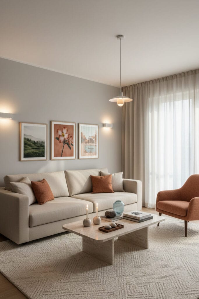 Peinture Salon aux tons neutres gris perle pour une ambiance cosy