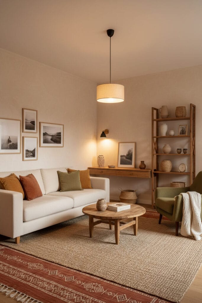 Peinture Salon beige clair mate, ambiance soirée cocooning