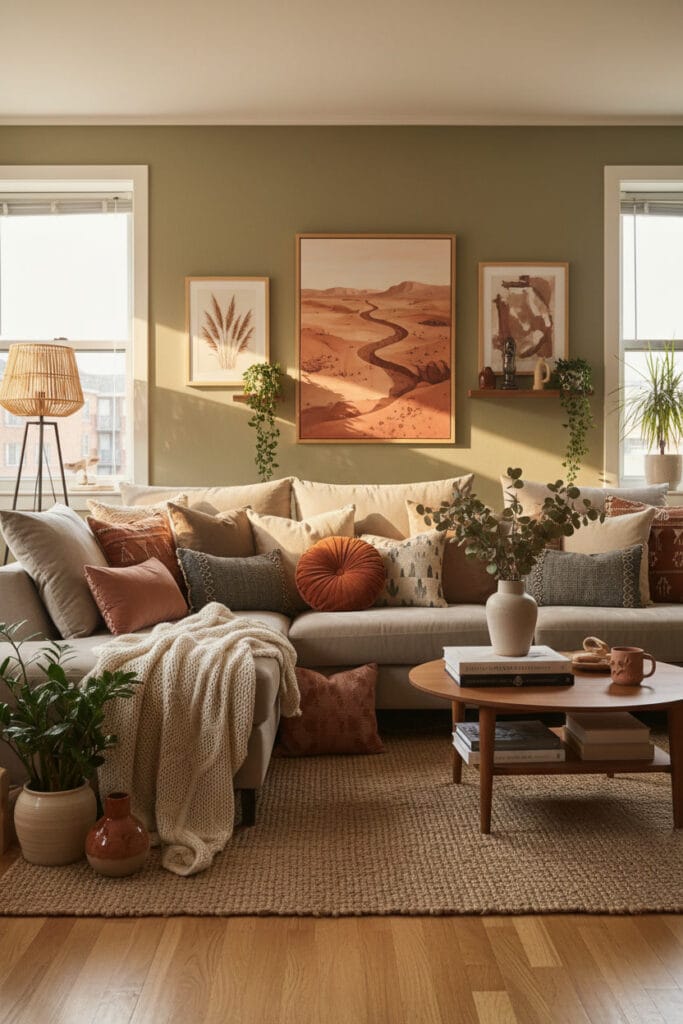 Salon cosy avec canapé garni de nombreux coussins créant une ambiance chaleureuse et confortable.