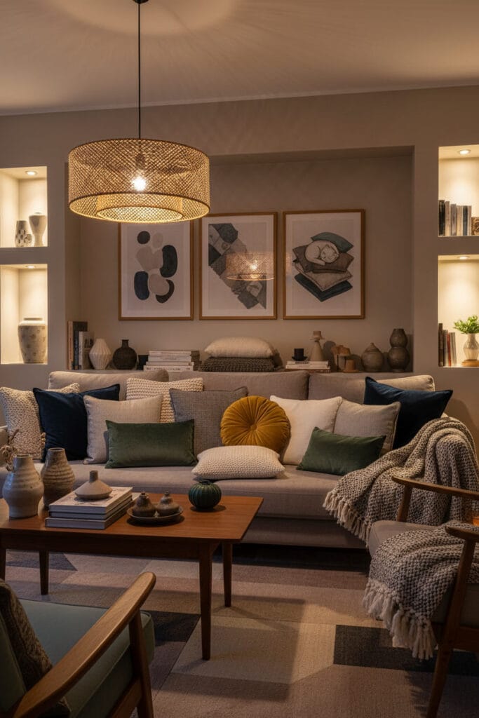 Décoration de salon cosy avec canapé orné de coussins variés renforçant l’aspect confortable.