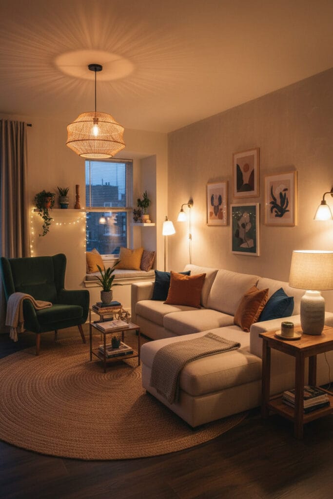 Ambiance salon cosy avec éclairage tamisé et luminaires variés répartis dans la pièce.