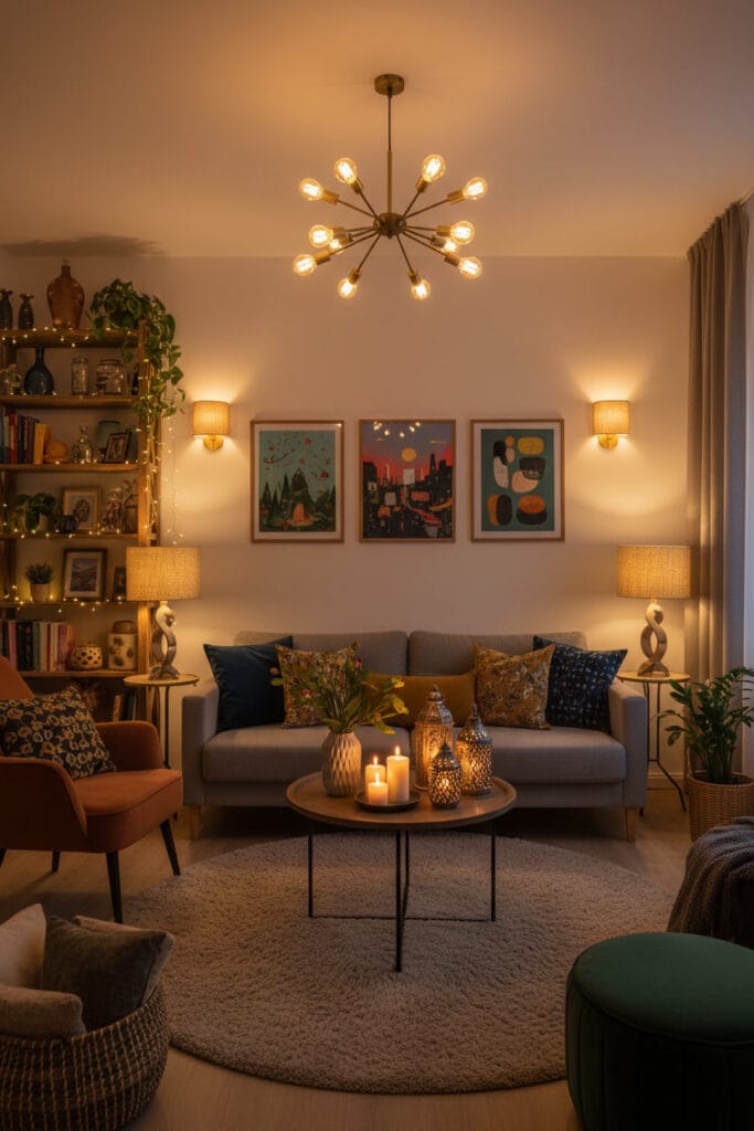 Salon cosy baigné par un éclairage d’appoint varié, avec lampes, guirlandes et appliques qui diffusent une atmosphère douce et intime.