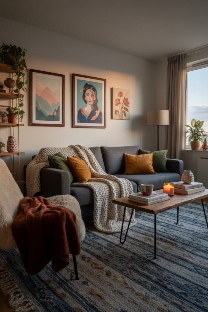 Salon cosy avec canapé habillé d’un plaid épais et confortable, créant une atmosphère chaleureuse et enveloppante.