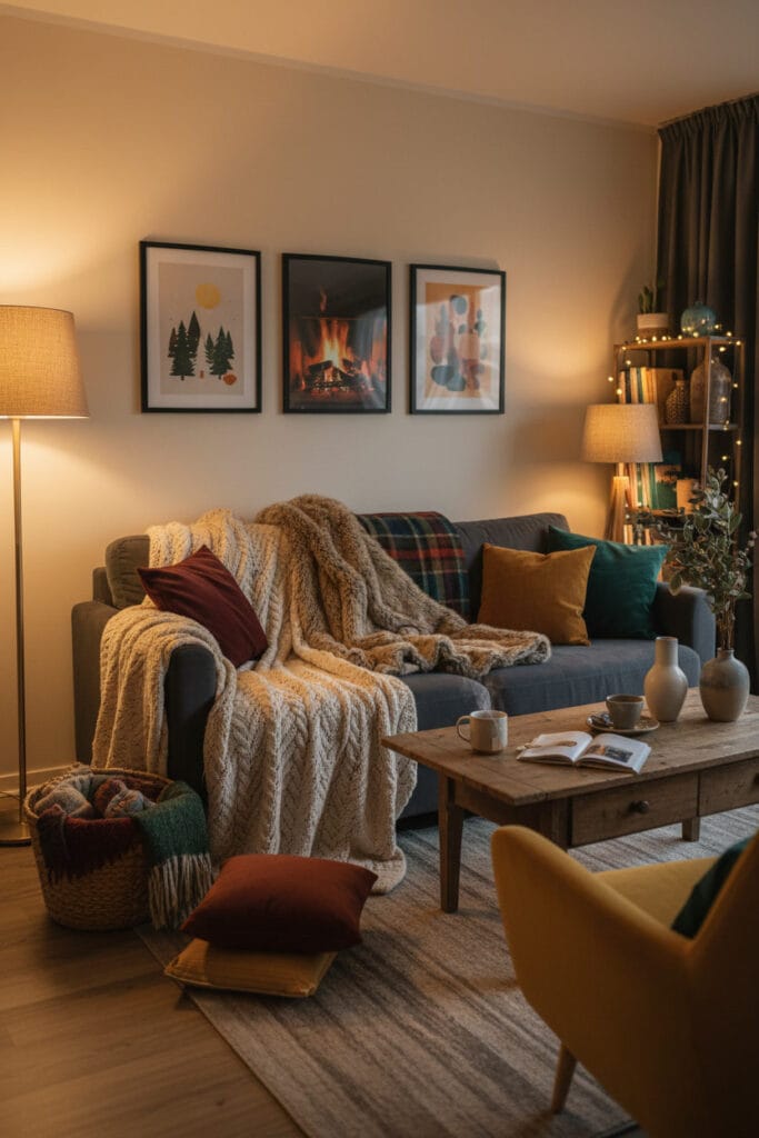 Salon cosy décoré avec un plaid moelleux sur le canapé, renforçant l’atmosphère douce et enveloppante de la pièce.