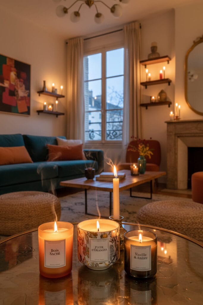 Salon cosy décoré avec plusieurs bougies parfumées diffusant une lumière douce et créant une ambiance chaleureuse dans toute la pièce.