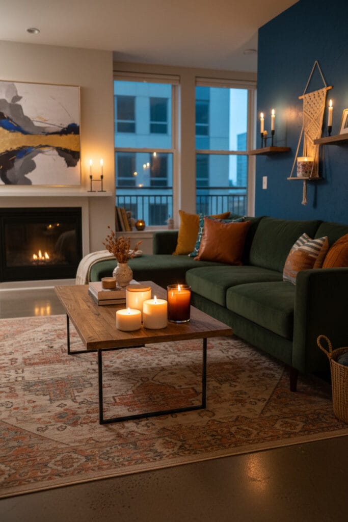 Salon cosy illuminé par des bougies parfumées créant une atmosphère intime et reposante.