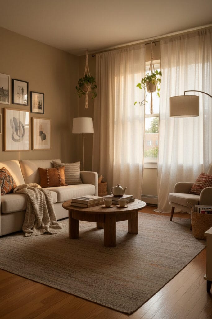 Salon cosy avec de longs rideaux épais encadrant les fenêtres et créant une atmosphère douce et intime.