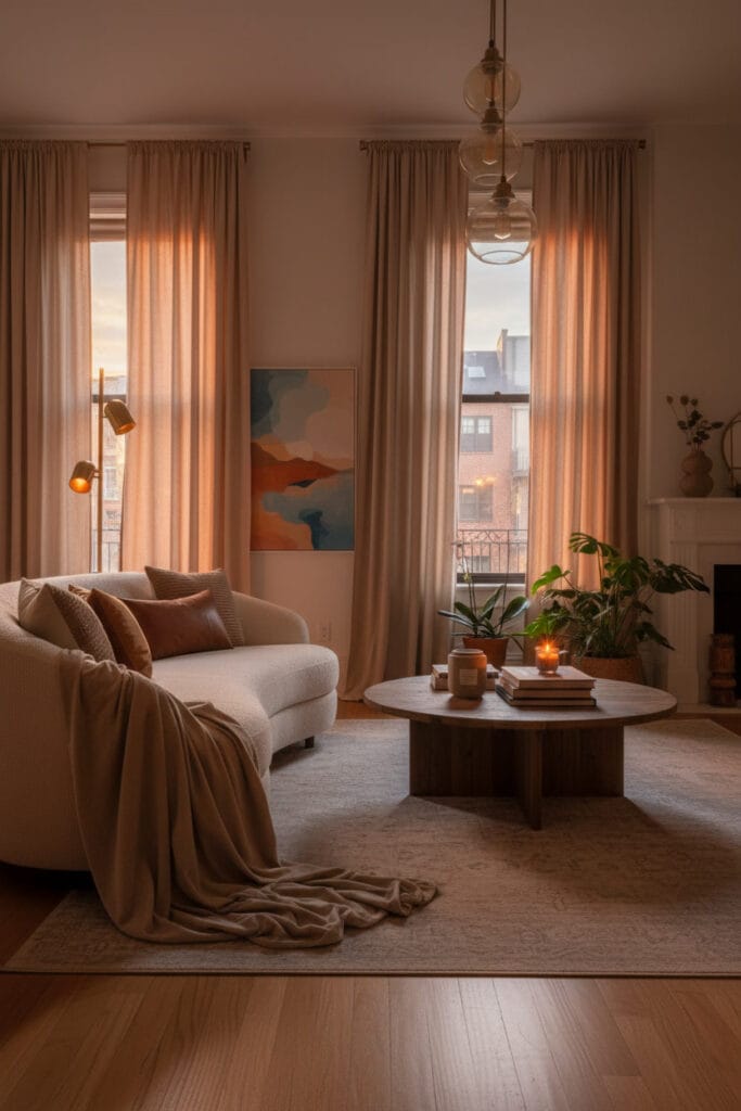 Salon cosy décoré avec des rideaux longs et épais qui apportent chaleur et profondeur à la pièce.