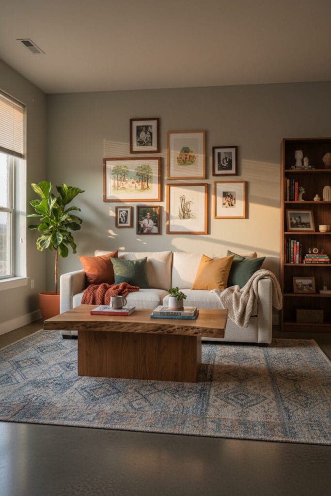 Éléments en bois intégrés dans un salon cosy, apportant structure et chaleur à l’espace.