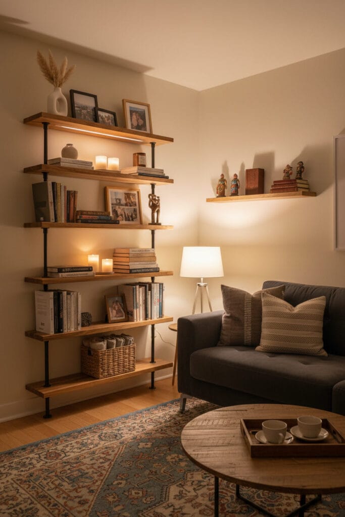 Salon cosy avec bibliothèque murale décorée de livres et objets décoratifs apportant chaleur et personnalité à la pièce.