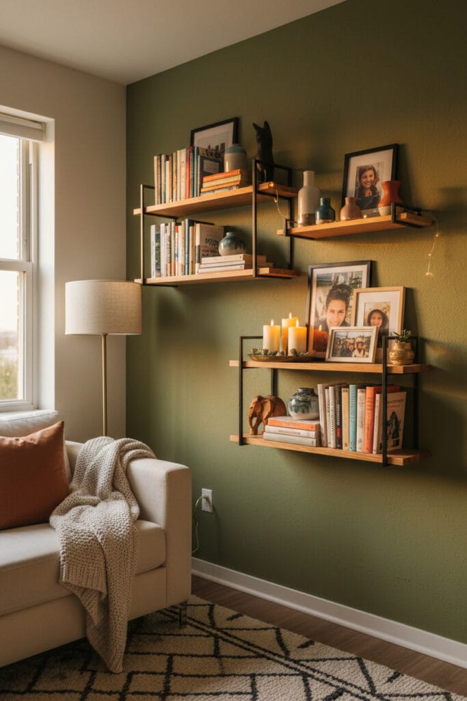 Salon cosy aménagé avec des étagères murales décoratives mettant en valeur livres et accessoires.