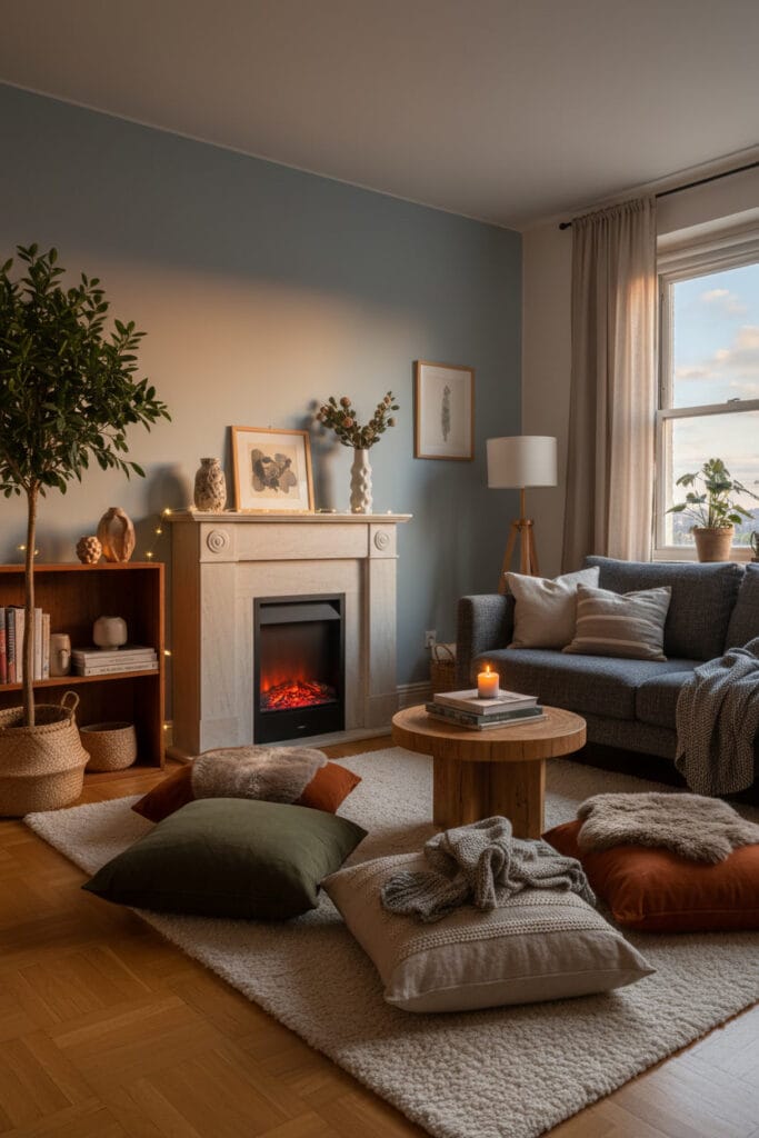 Salon cosy aménagé autour d’une cheminée, créant une atmosphère chaleureuse et propice à la détente.