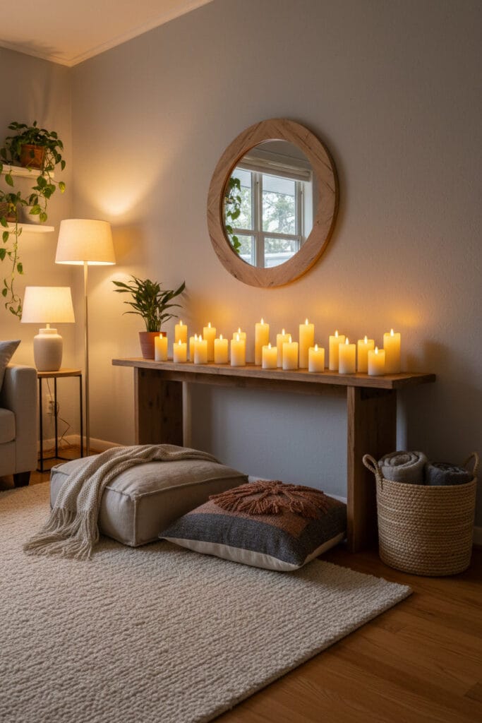 Salon cosy avec console décorée de bougies créant un effet cheminée chaleureux et apaisant.