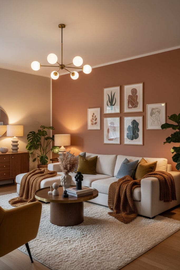 Ambiance salon cosy avec murs aux teintes chaudes et atmosphère cocooning.