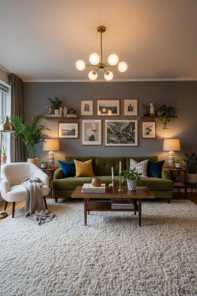 Ambiance salon cosy avec tapis épais apportant douceur et sensation cocooning.