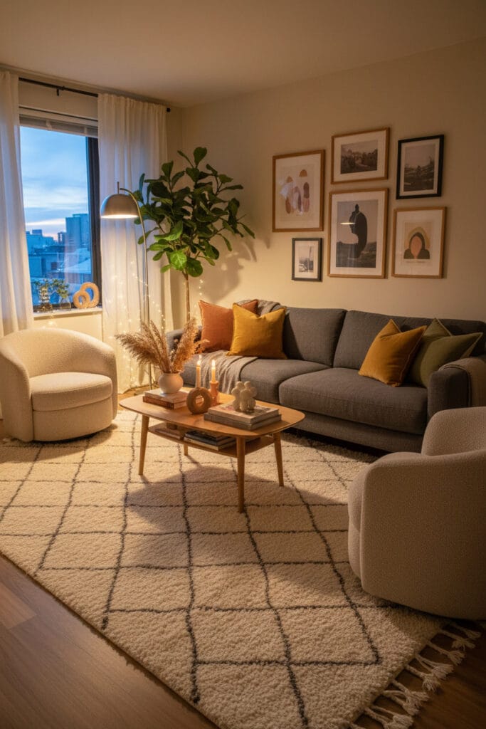 Décoration de salon cosy avec grand tapis doux accentuant le confort et la chaleur de la pièce.