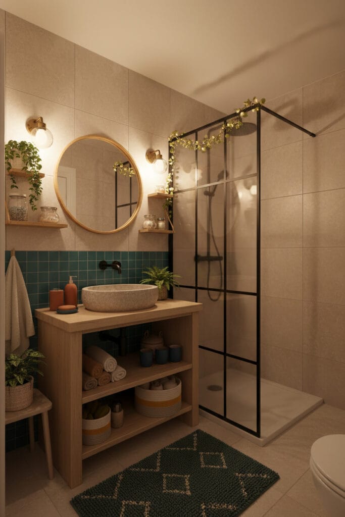 Salle de bain cosy avec éclairage tamisé et plantes vertes décoratives.