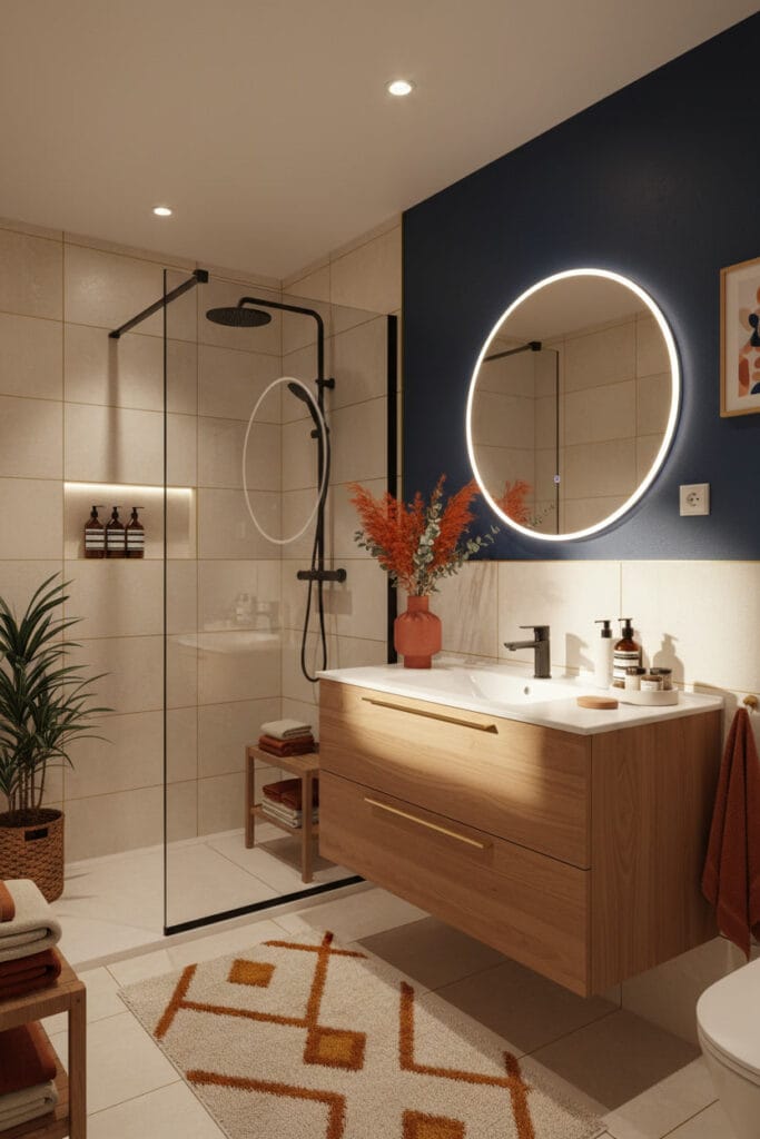 Salle de bain avec murs lisses et uniformes peints avec une peinture spéciale salle de bain résistante à l’humidité.