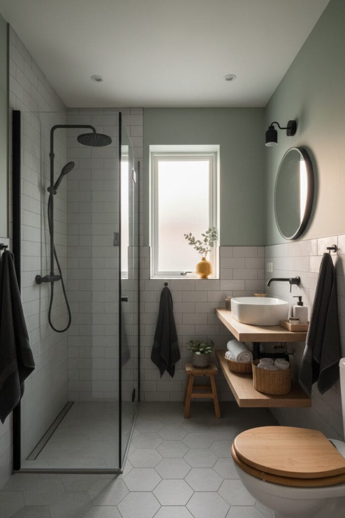 Salle de bain avec peinture vert sauge et carrelage clair créant une ambiance douce et harmonieuse.