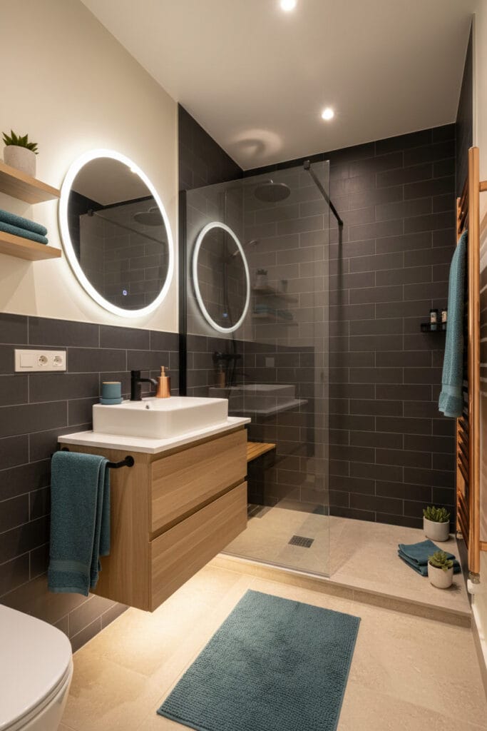 Salle de bain moderne avec peinture lumineuse sur carrelage sombre, accentuant les volumes.