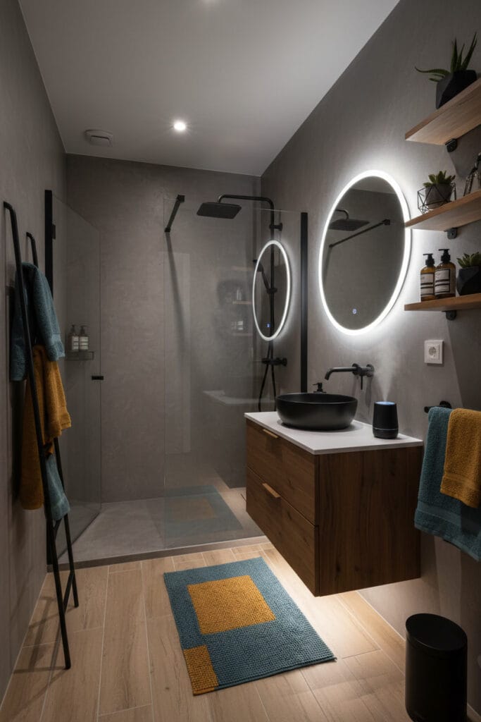 Salle de bain moderne avec peinture à effet béton ciré et éléments en bois et métal.