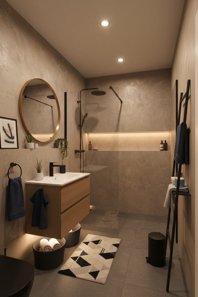 Salle de bain avec peinture à effet tadelakt, murs texturés et ambiance raffinée.