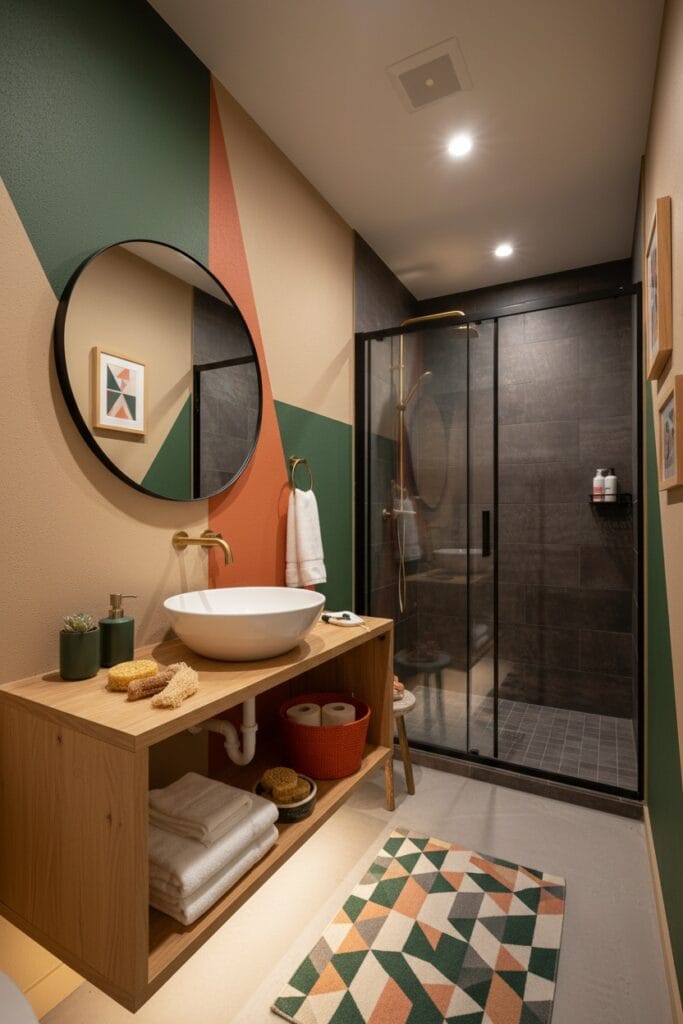 Salle de bain avec murs décorés de bandes de couleurs et formes géométriques modernes.